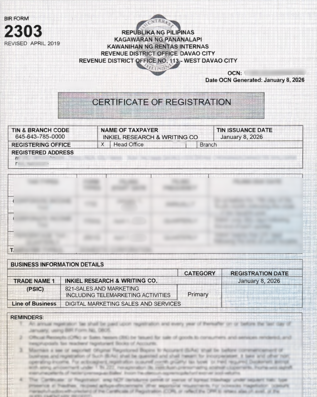 Certificate of Registration